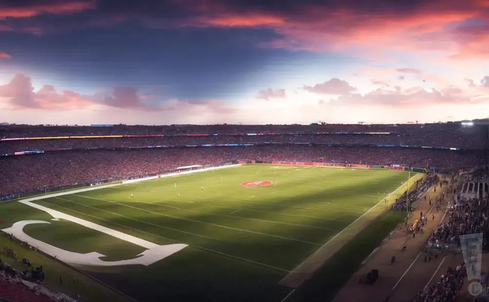 Aerial view of a football stadium at sunset, with a large crowd in the stands and a brightly lit field.