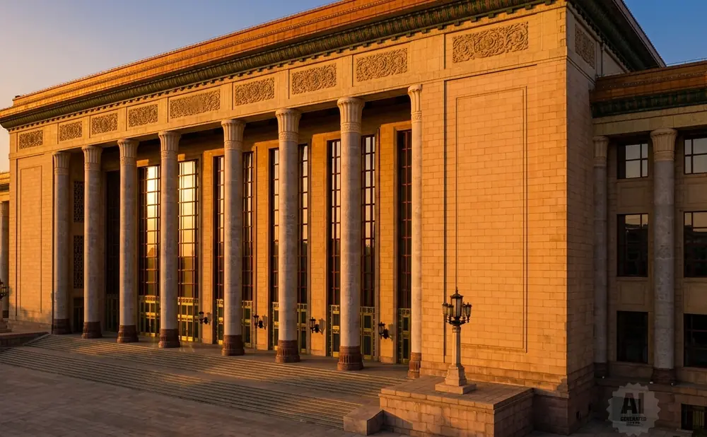 Grand building with large columns and ornate details bathed in warm sunlight.