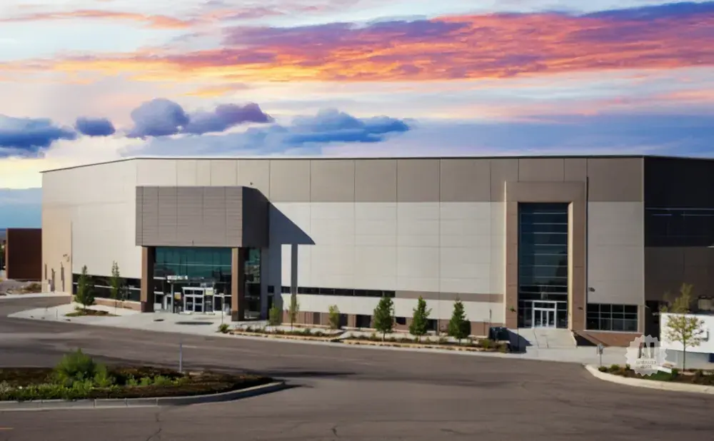 Modern warehouse with large glass entrance and beige and grey facade against a colorful sunset sky.