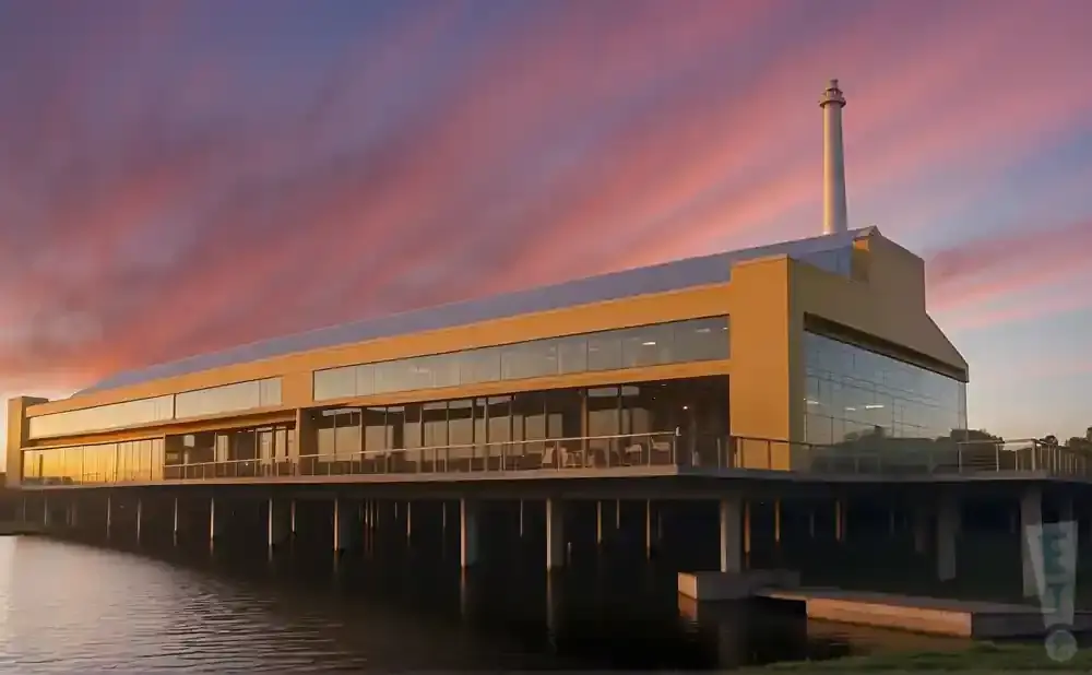 Modern building with large windows and a tall smokestack at sunset over water.