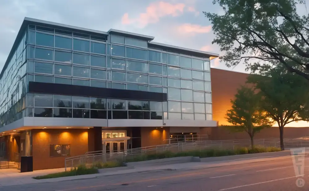Modern glass and brick building at sunset.