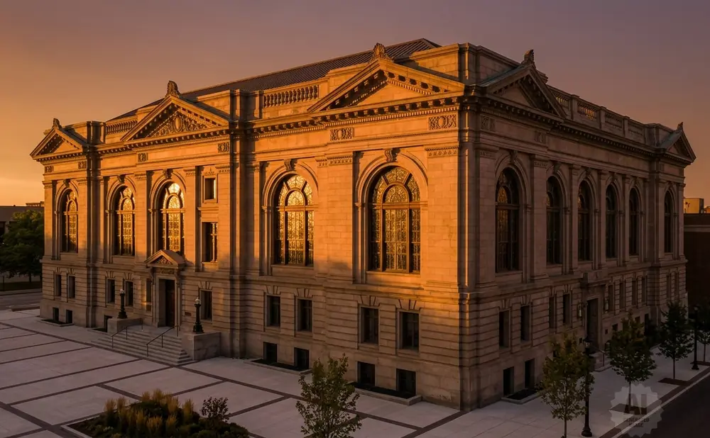 Golden hour sunlight illuminates a grand, historic building with arched windows and classical architecture.