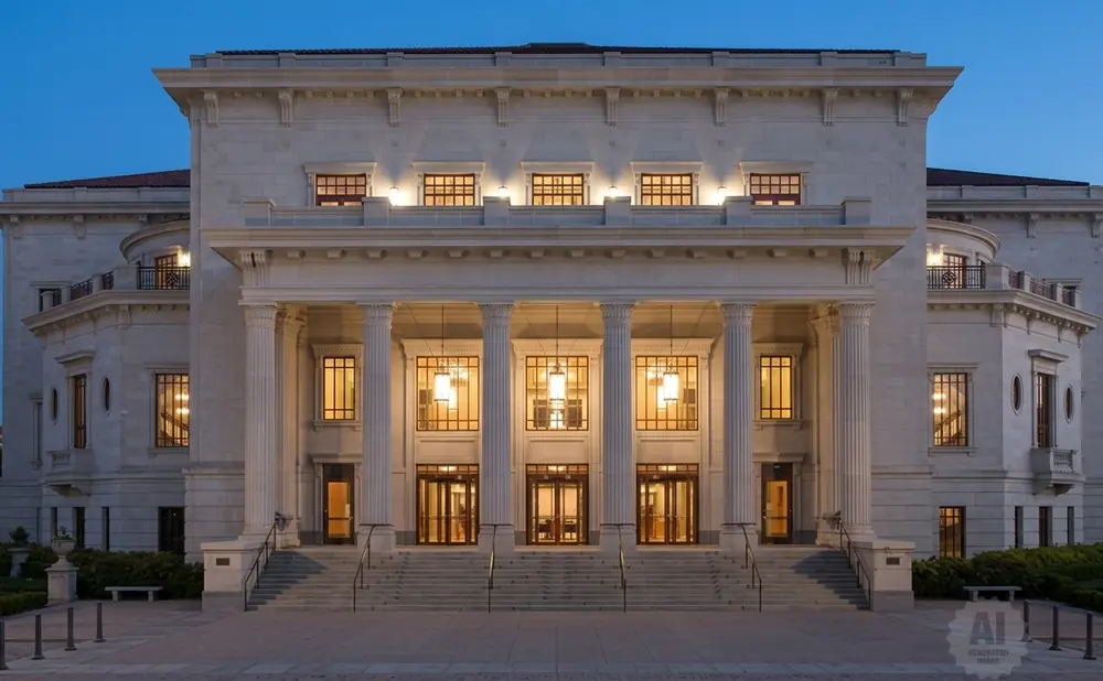 Grand neoclassical building with columns and large windows, illuminated at dusk.