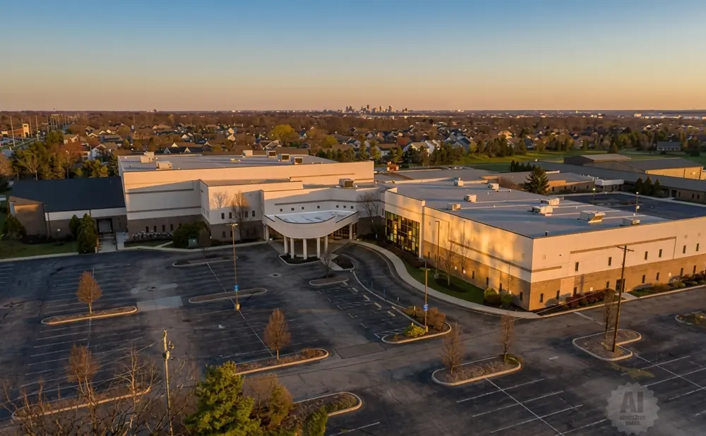 Aerial view of a modern church complex at sunset, with a large parking lot in the foreground and a distant cityscape.