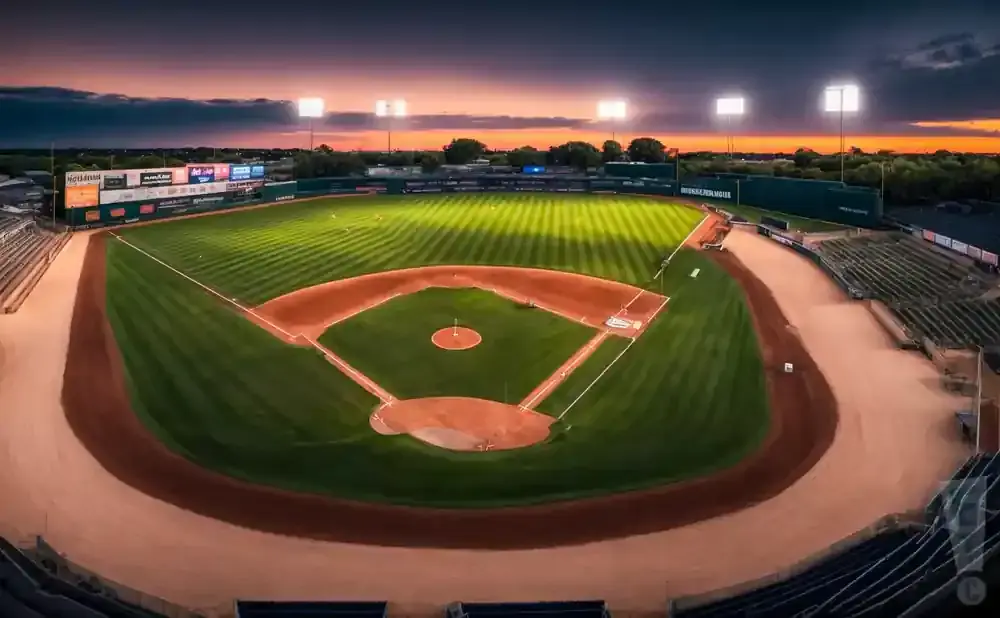 An aerial view of a baseball stadium at sunset, with lights illuminating the field.