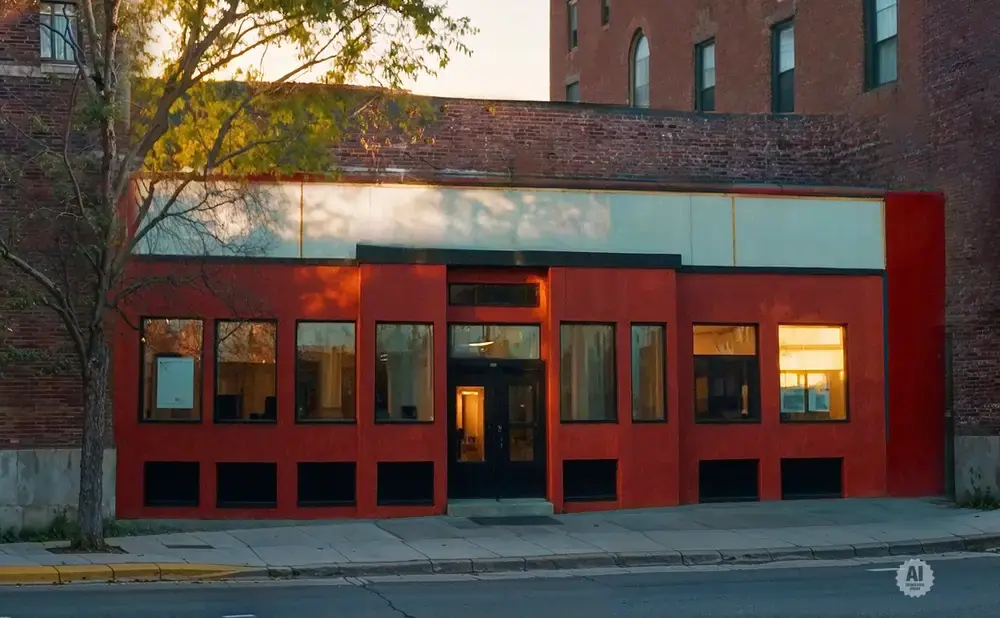 Modern red building with large windows and a tree in front.