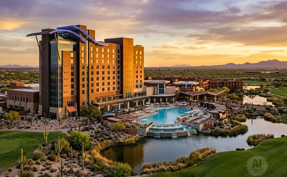 A modern resort hotel with a large pool sits on a golf course at sunset.