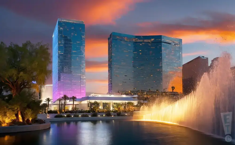 A fountain erupts in front of mirrored skyscrapers at sunset.