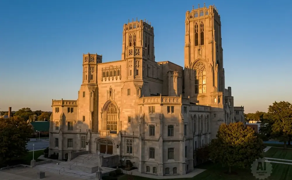 A large Gothic-style stone building with two towers under a clear blue sky.