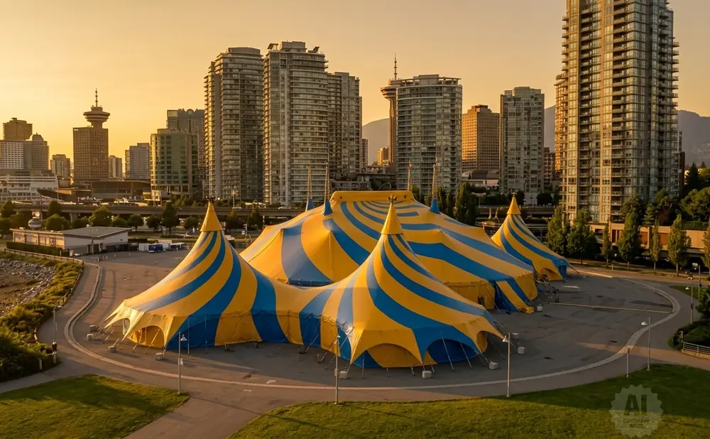 A circus tent with yellow and blue stripes sits in front of a city skyline at sunset.
