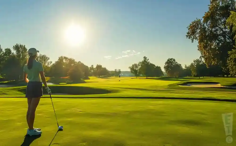Golfer on a sunny golf course with trees and sand traps.