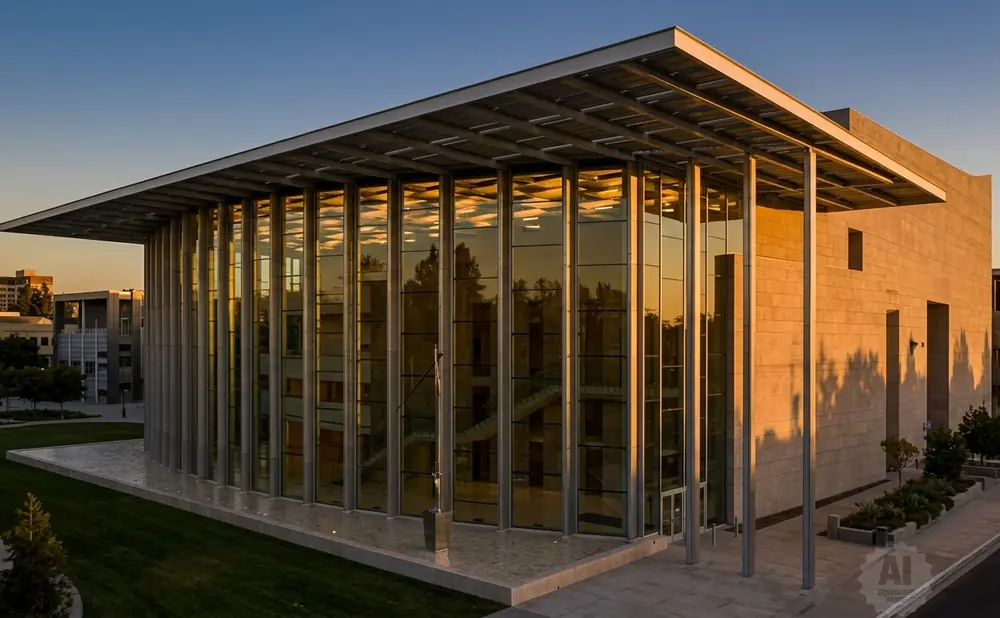 Modern building with glass facade reflecting trees and golden sky.