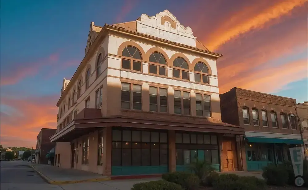 A historic building with arched windows against a dramatic sunset sky.