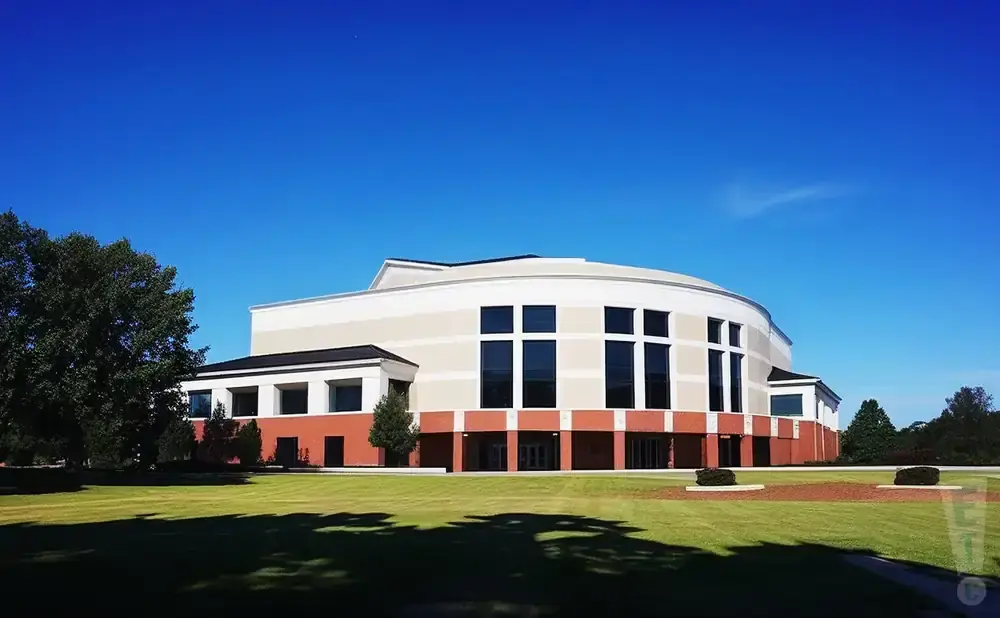 A large, modern building with a curved facade and large windows, set against a clear blue sky.