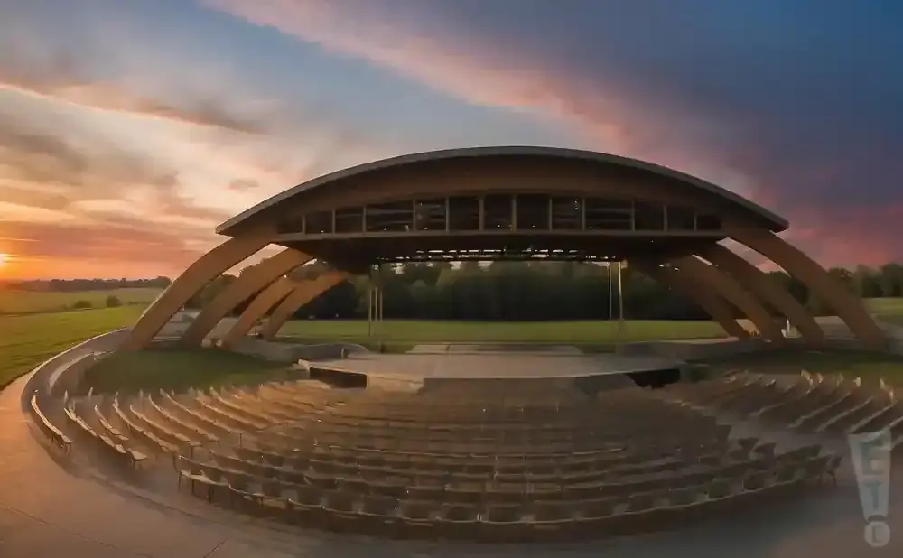 Outdoor amphitheater at sunset with curved wooden roof and seating.