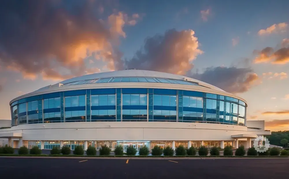 A modern, rounded building with blue-tinted windows at sunset.