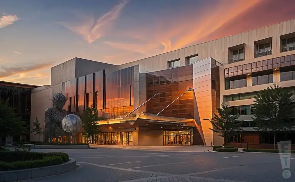 A modern building with glass facade reflects a colorful sunset, with a large sculpture of a person holding a sphere in front.