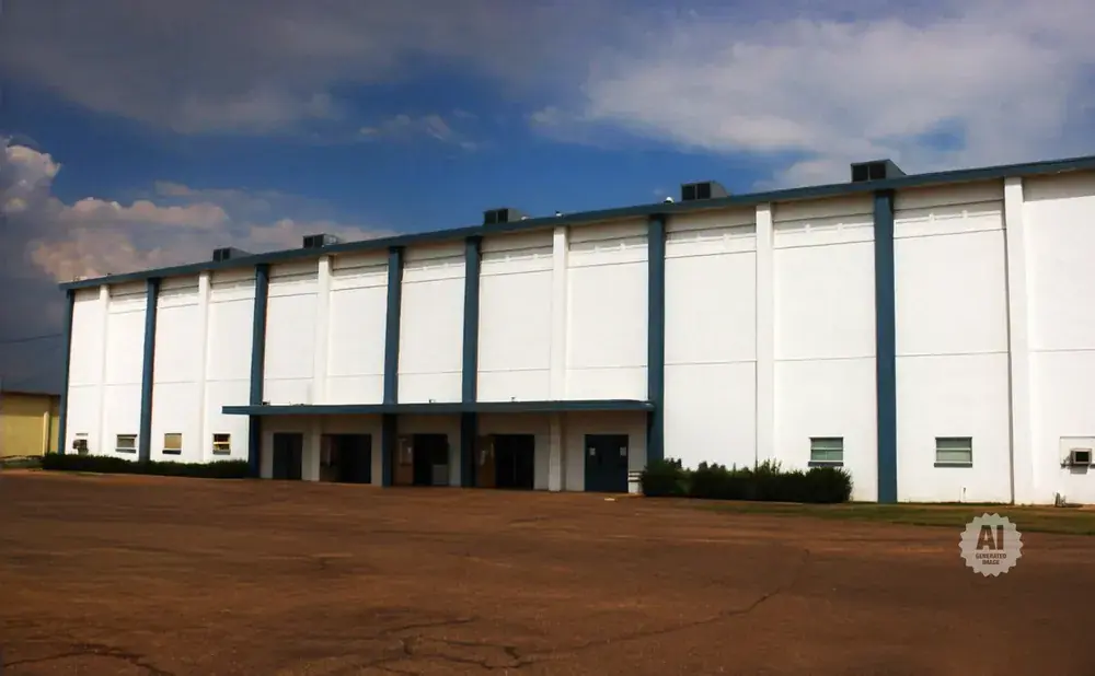 A long, white building with dark blue vertical trim and several entrances.