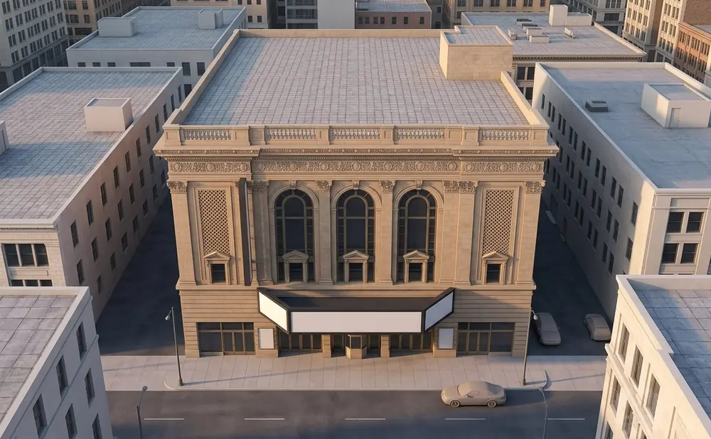 Aerial view of a grand, ornate theater building surrounded by other city buildings.
