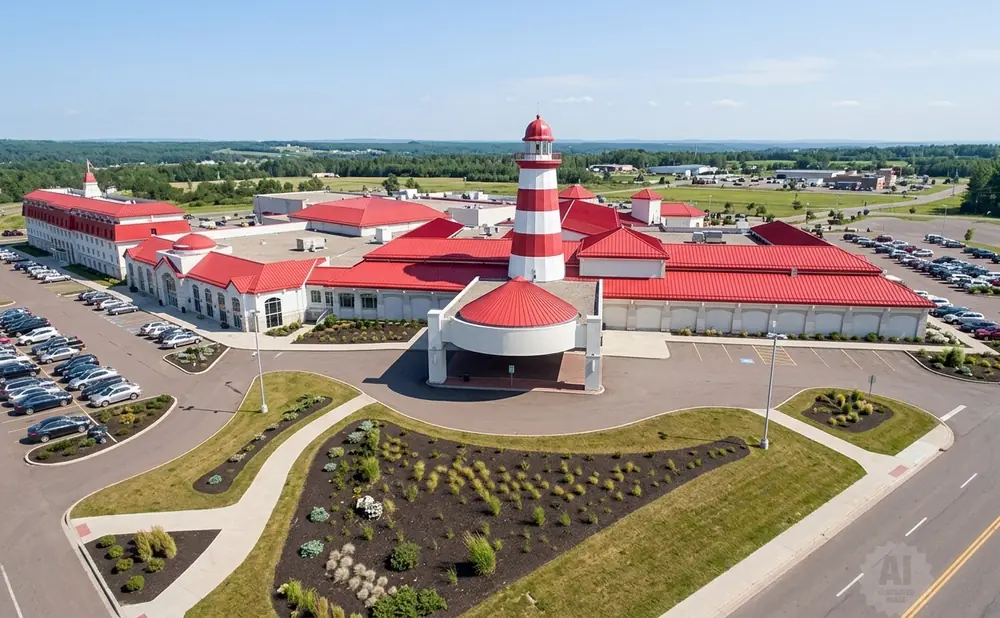 Aerial view of a casino with a red and white lighthouse, red roofs, and large parking lots.