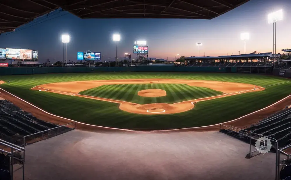 Nighttime view of a baseball field with lights on, showing the infield, outfield, and empty stadium seats.