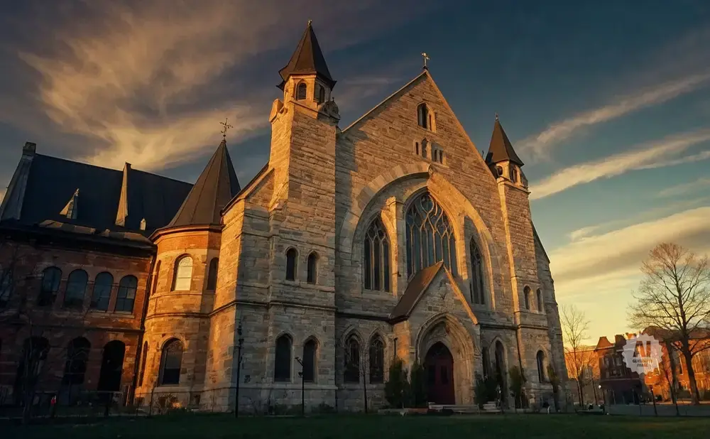 A stone church with Gothic architecture stands against a dramatic sky at sunset.