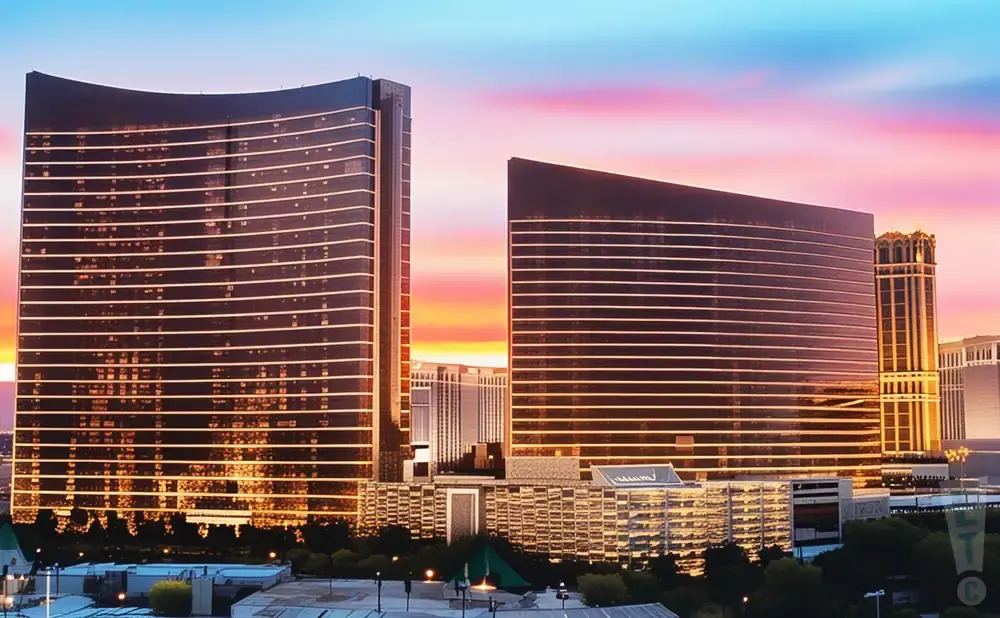 Two modern buildings with illuminated horizontal lines against a colorful sunset sky.