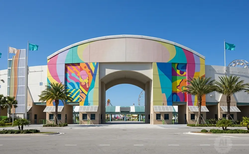 Brightly colored archway entrance to a fairground with flags and palm trees.