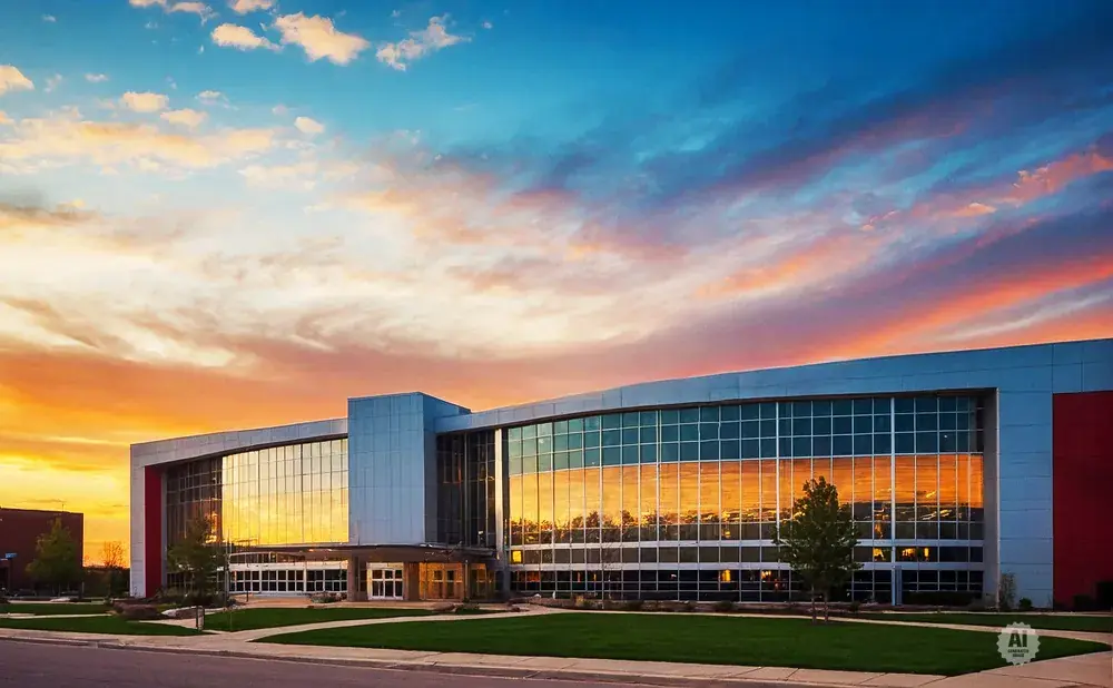 Modern building with large glass windows reflecting a colorful sunset sky.