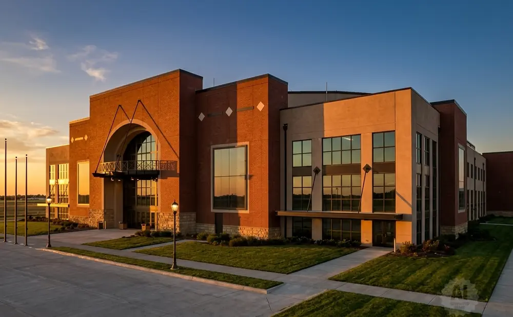 A modern brick and tan building with large windows at sunset.