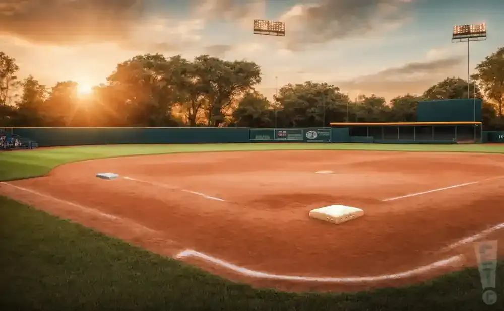 A baseball diamond at sunset with sunbeams shining through trees.