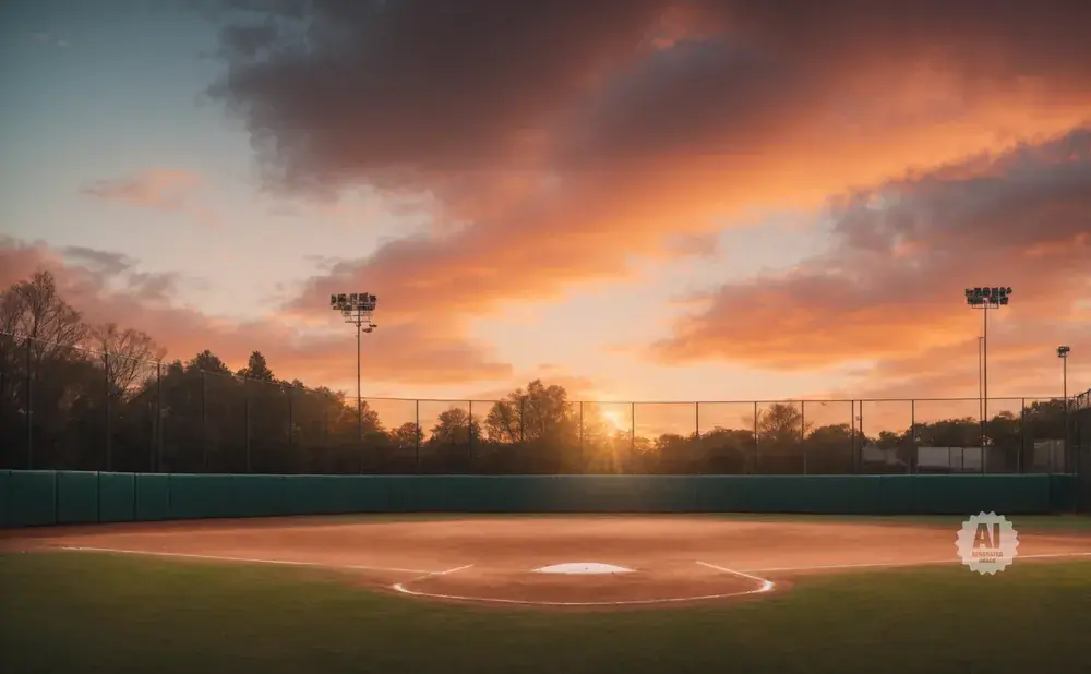 Baseball field at sunset with dramatic orange clouds and bright lights.