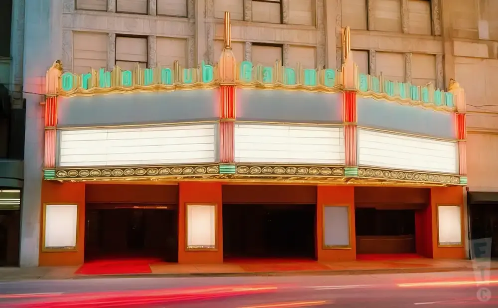 Art Deco theater marquee with blank signboards and red carpet.