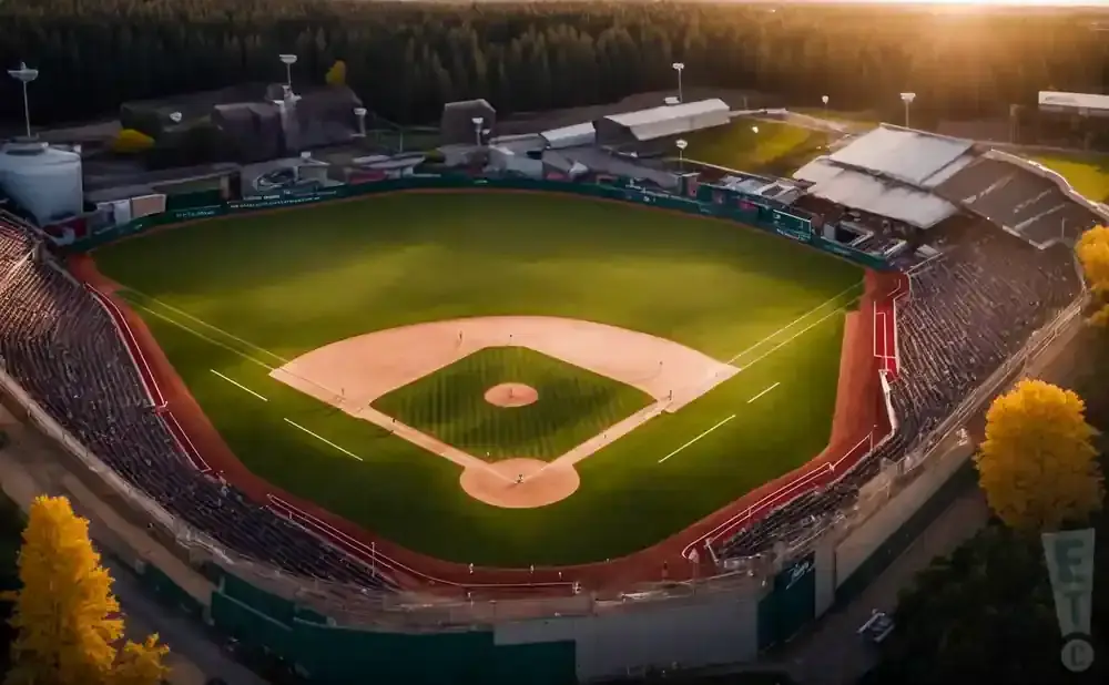Aerial view of a baseball stadium at sunset, with warm light illuminating the field and surrounding trees.
