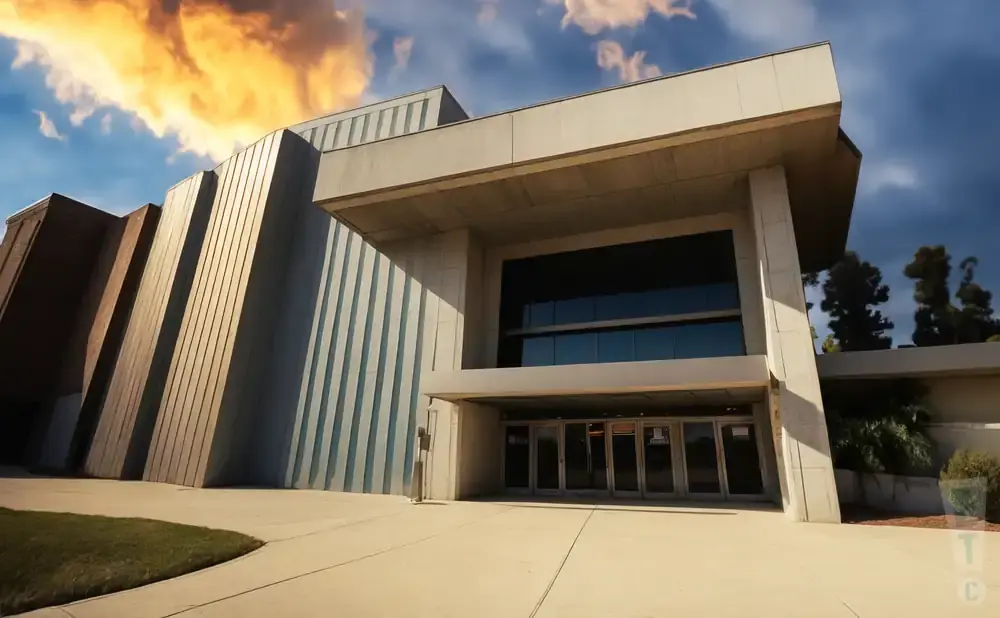 Modern building with angled, ribbed walls and a large glass entrance under a concrete overhang.