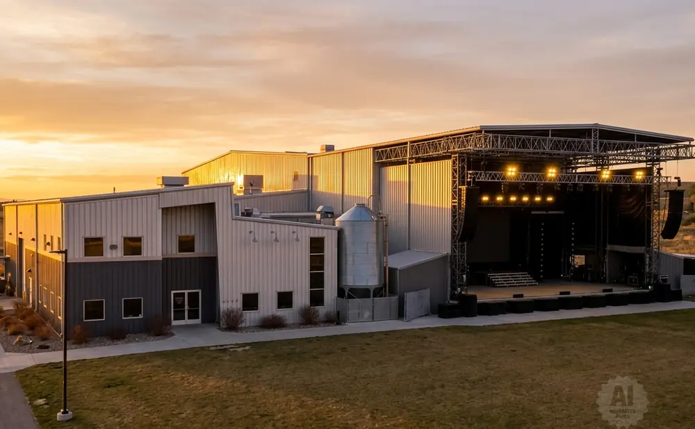 An outdoor concert venue with a large stage set up in front of a modern metal building at sunset.