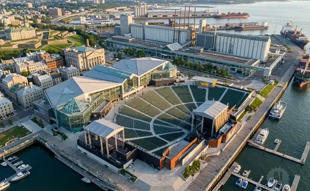 Aerial view of an outdoor amphitheater and port with ships and boats on the water.