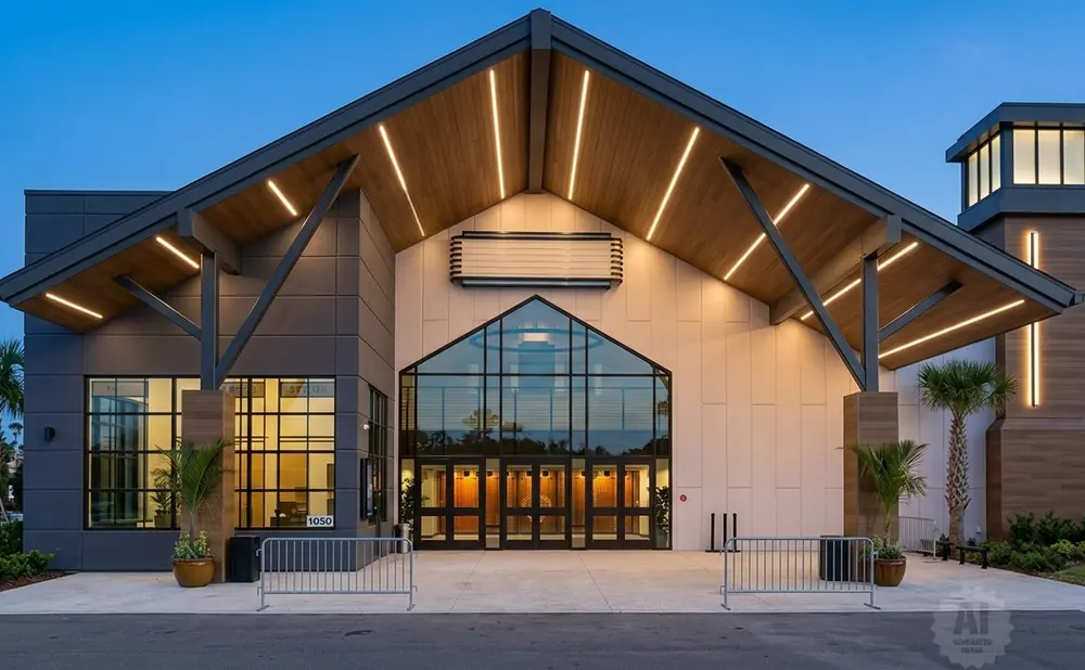 Modern building entrance with large glass doors and a pitched wooden roof with integrated lighting.
