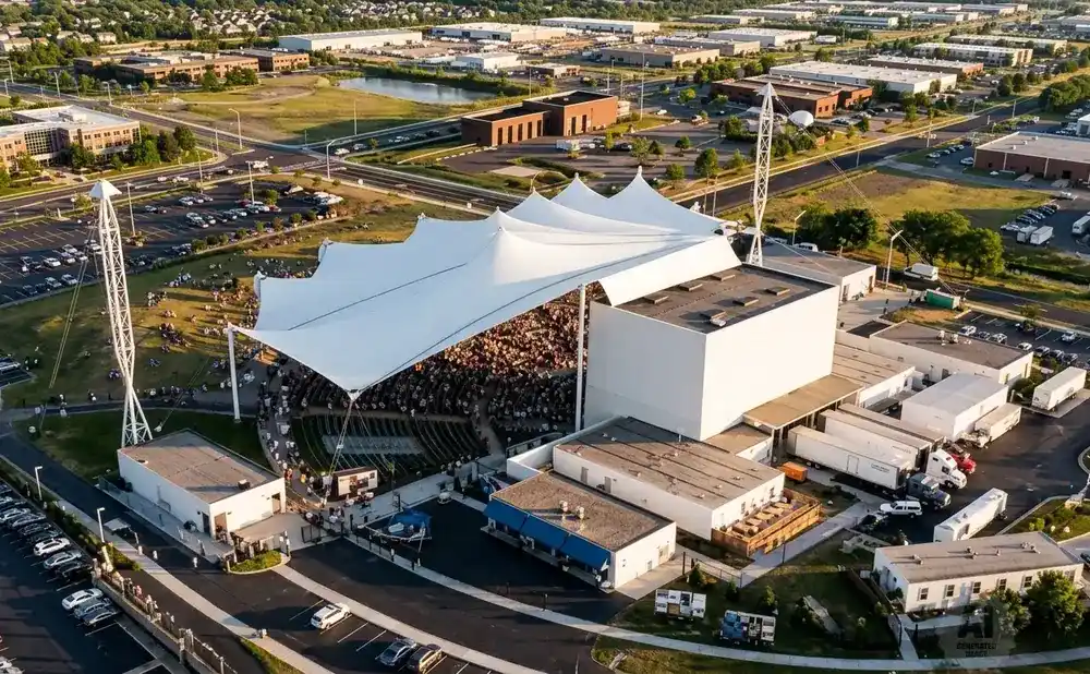 Aerial view of an outdoor amphitheater with a large white tent, crowded seating, and surrounding industrial buildings and parking lots.