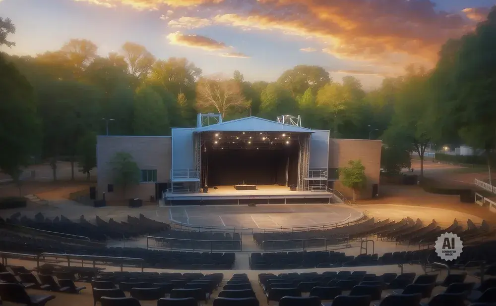 An outdoor amphitheater stage at dusk with rows of empty seats in the foreground and a colorful sky above.