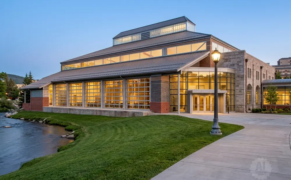 Modern building with large windows and glass garage doors by a river.