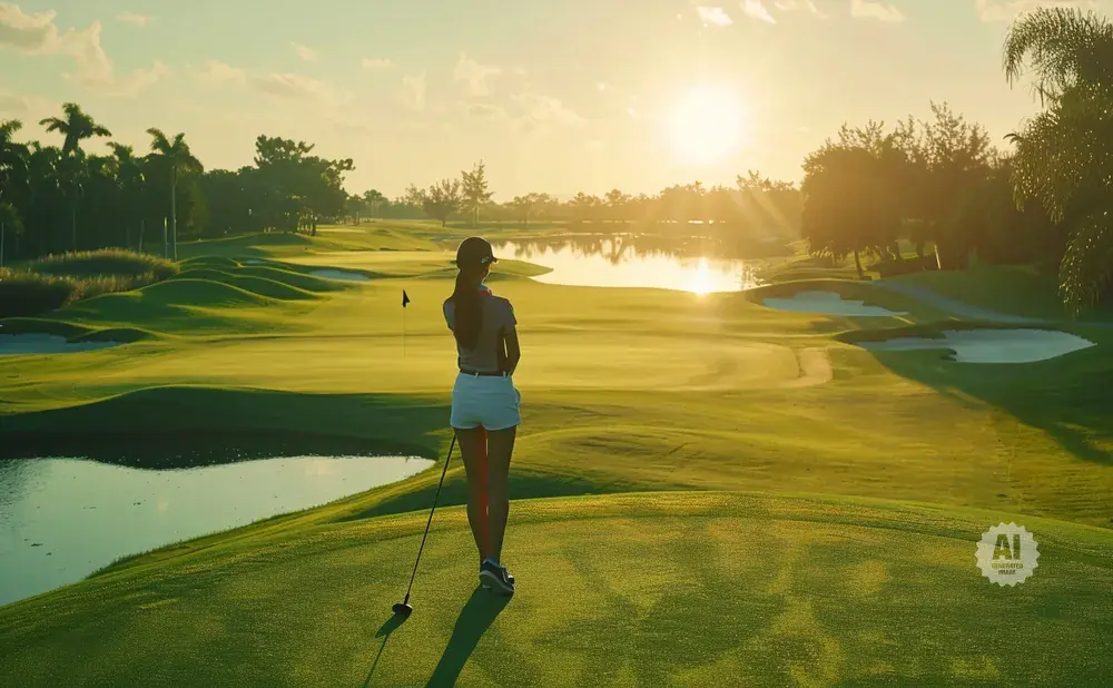Golfer on a tee box at sunset, with rolling green fairways and a lake.