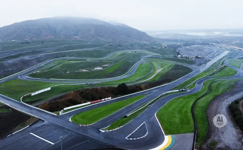 Aerial view of a winding race track surrounded by rolling green hills under a cloudy sky.