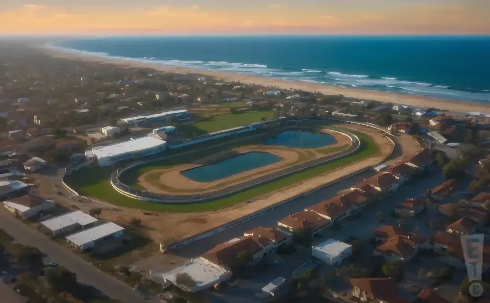 Aerial view of a horse racing track with a lake, near a beach town and the ocean.