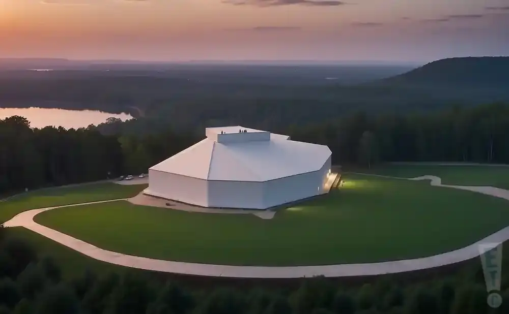 An aerial view of a large white tent-like structure surrounded by green grass and trees at dusk.