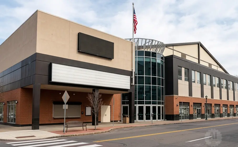 A modern brick and tan building with a curved glass entrance, marquees, and an American flag.