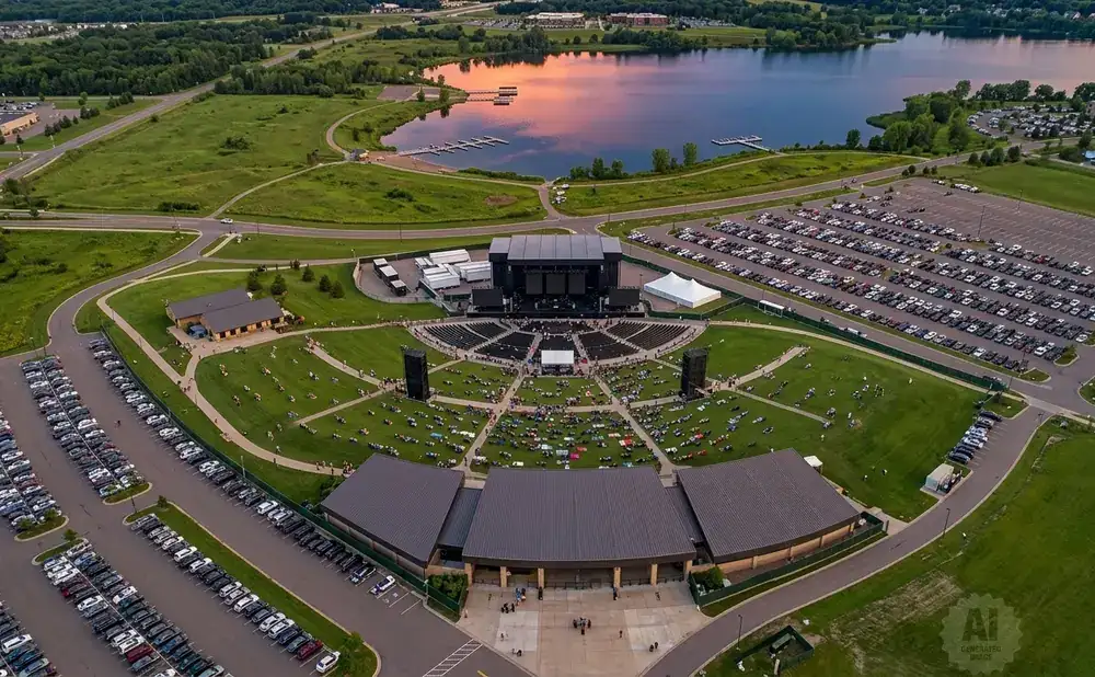 Aerial view of an outdoor amphitheater concert, with a lake in the background and large parking lots.