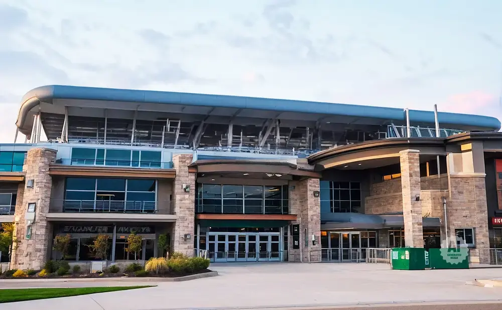 Modern stadium entrance with stone facade, large windows, and a curved roof.