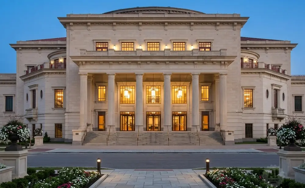 Neoclassical building with columns, lit windows, and ornate details, flanked by lush landscaping.