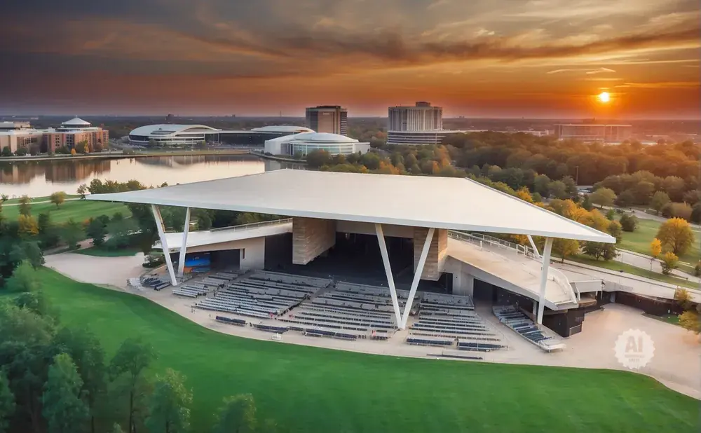 An outdoor amphitheater at sunset with a lake and cityscape in the background.